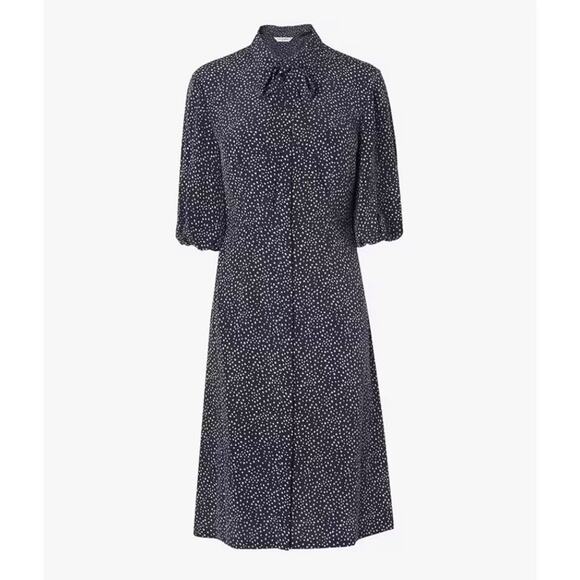 LK BENNET Tillila Silk Star Print Tea Dress Women 4 Navy Blue Beige Puff Sleeve - Picture 2 of 16